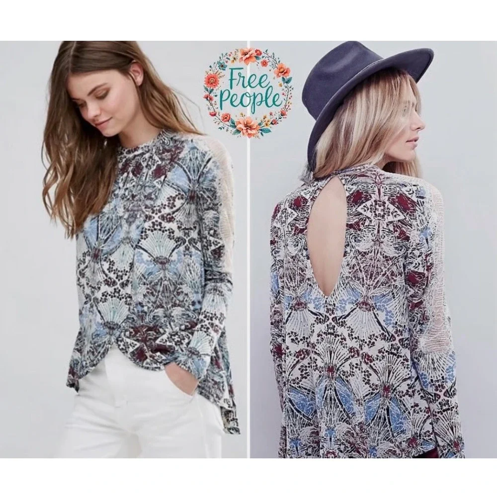 Free‎ People Boho Floral Print Crochet Lace Collar Long Sleeve Tunic Top M